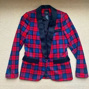 Smythe Holiday plaid wool tuxedo blazer.